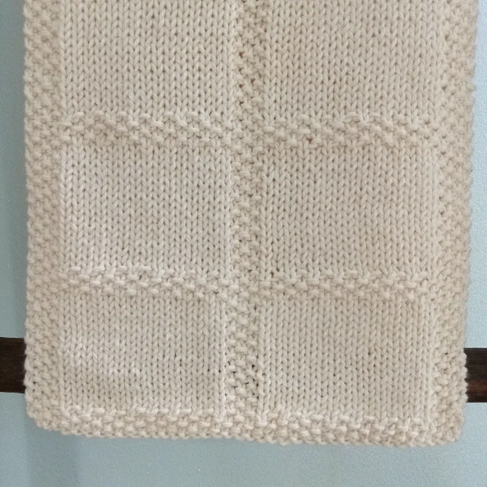 Hand Crafted Handknit Cotton Ecru Textured Windowpane Pattern Hand Towel